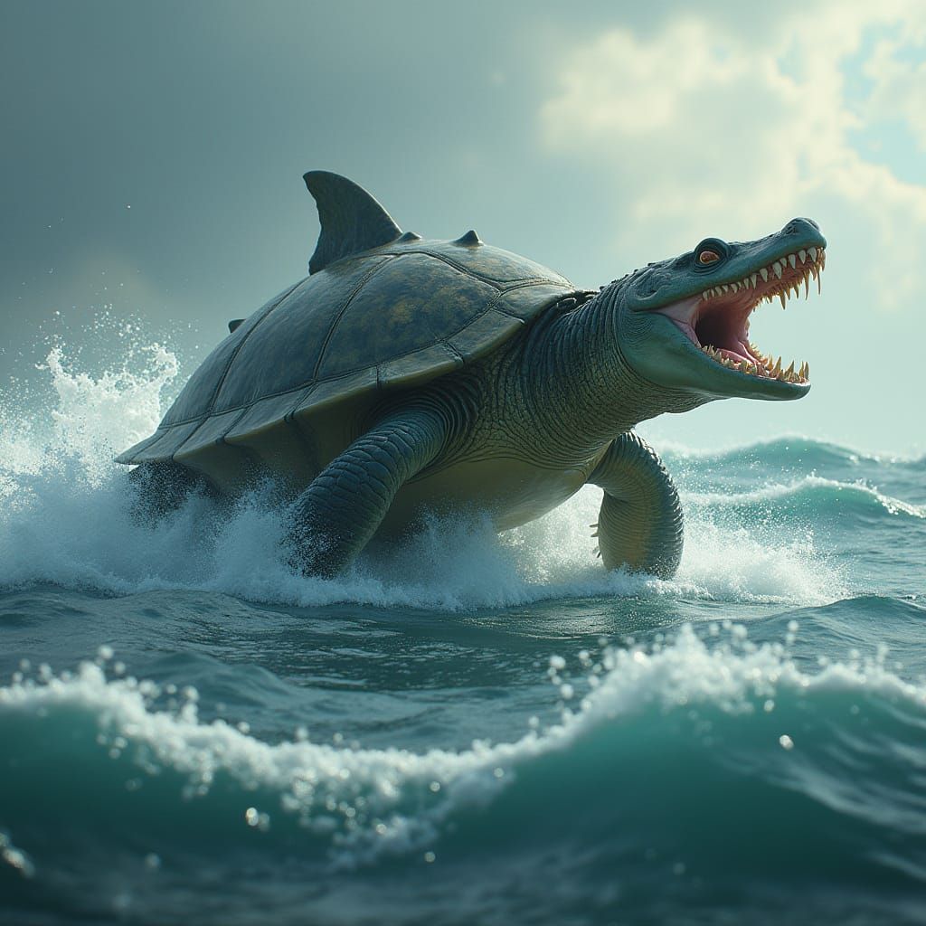 Hybrid Sea Creature Emerges from Turbulent Waters in Fantasy...