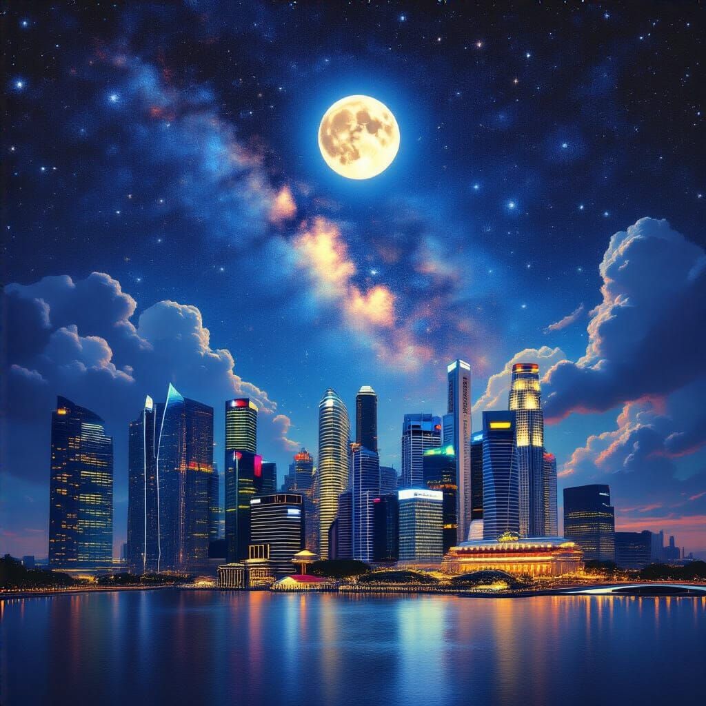Singapore Cityscape Under Starry Night Sky