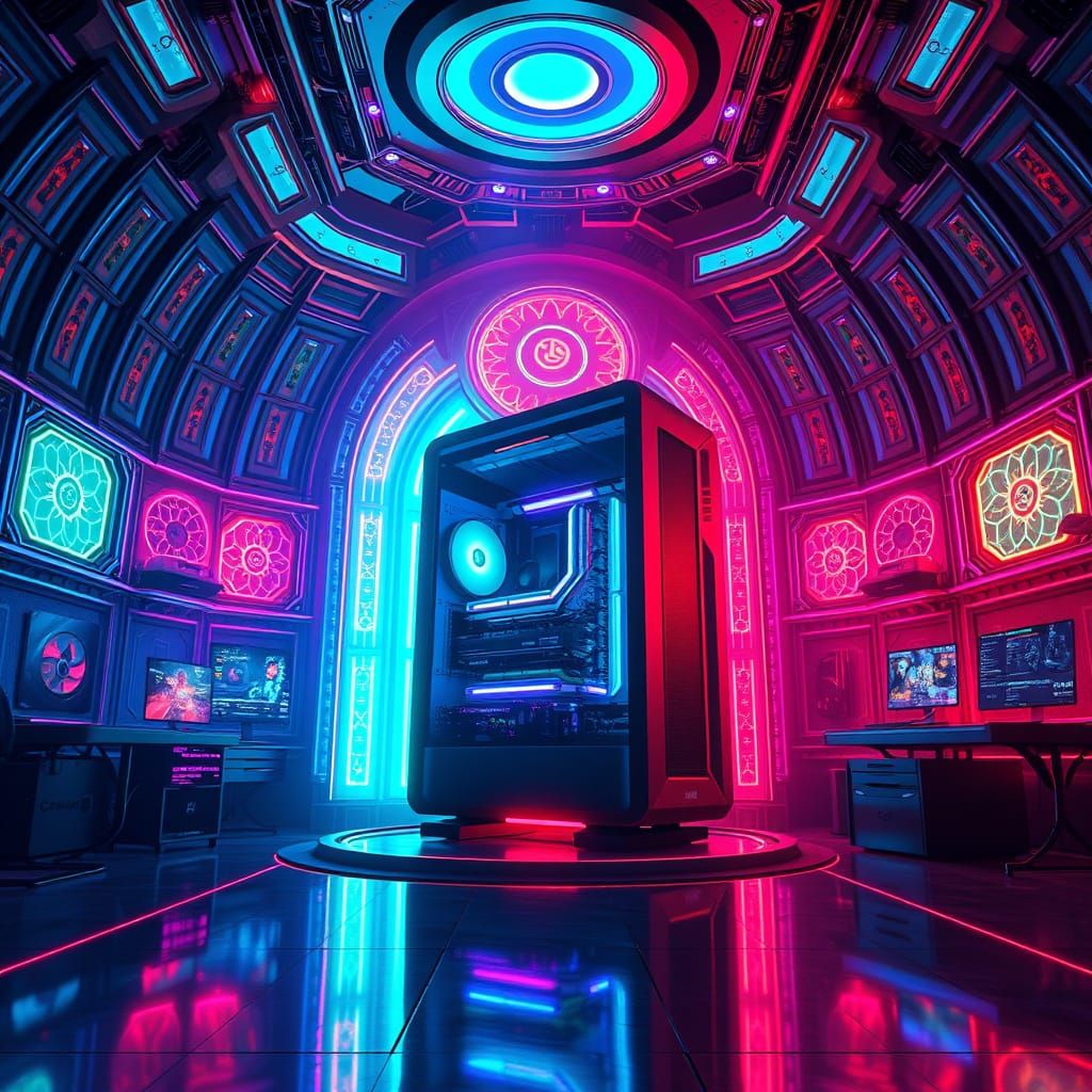 Futuristic Gaming Sanctuary with LED Lights and Giant Comput...
