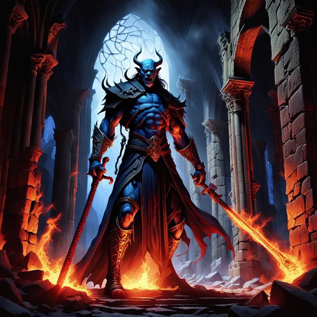 Epic Demon Confronts Wizard in Ruined Cathedral