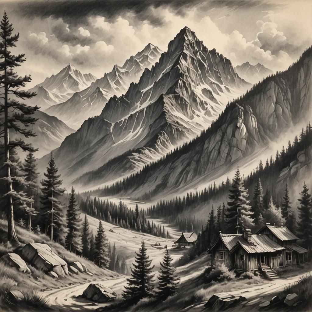 Serene Mountain Landscape in Charcoal Drawing Style