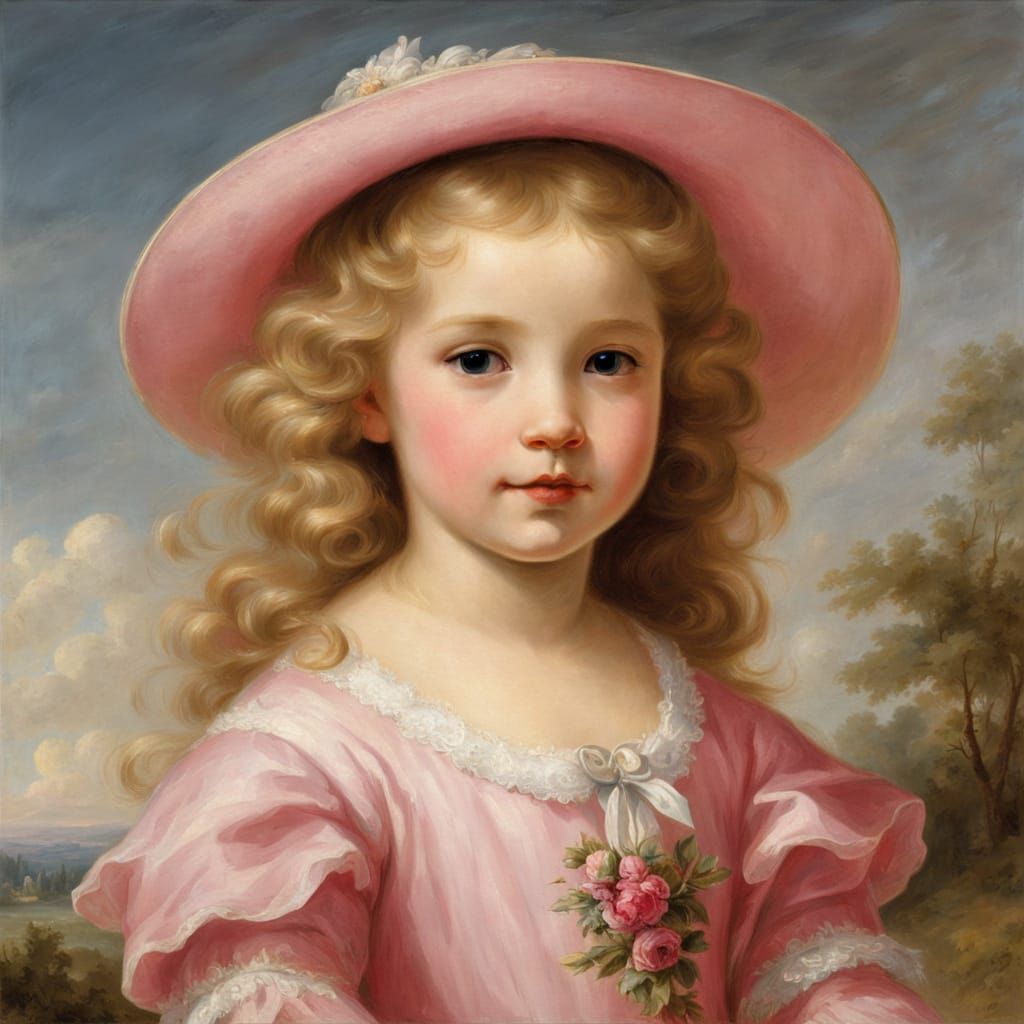 Cheerful Girl in Pink Dress in Field, Impressionist Style