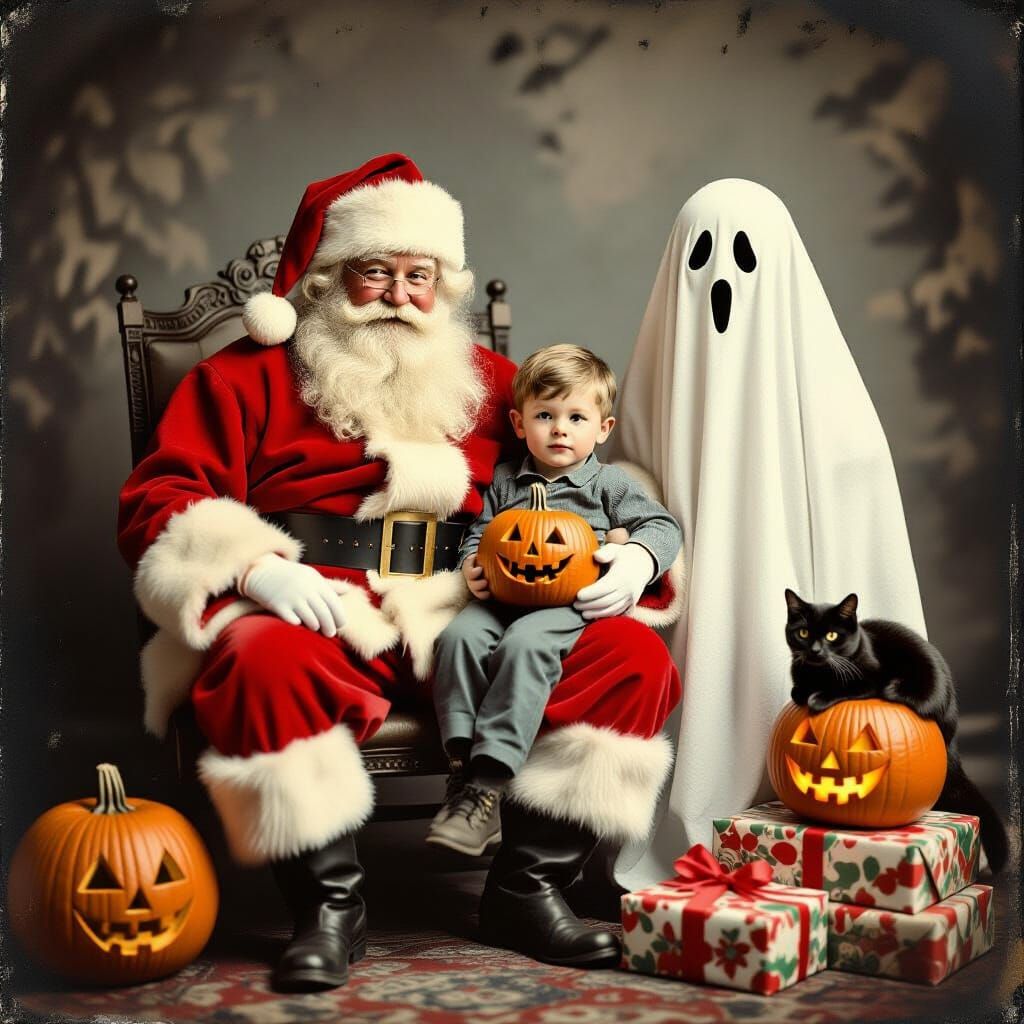Eerie Victorian Christmas Portrait: Santa, Pumpkin-Head Boy,...