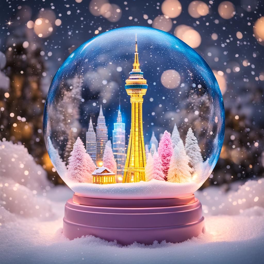 SkyTower in Snow Globe with Pastel Lights