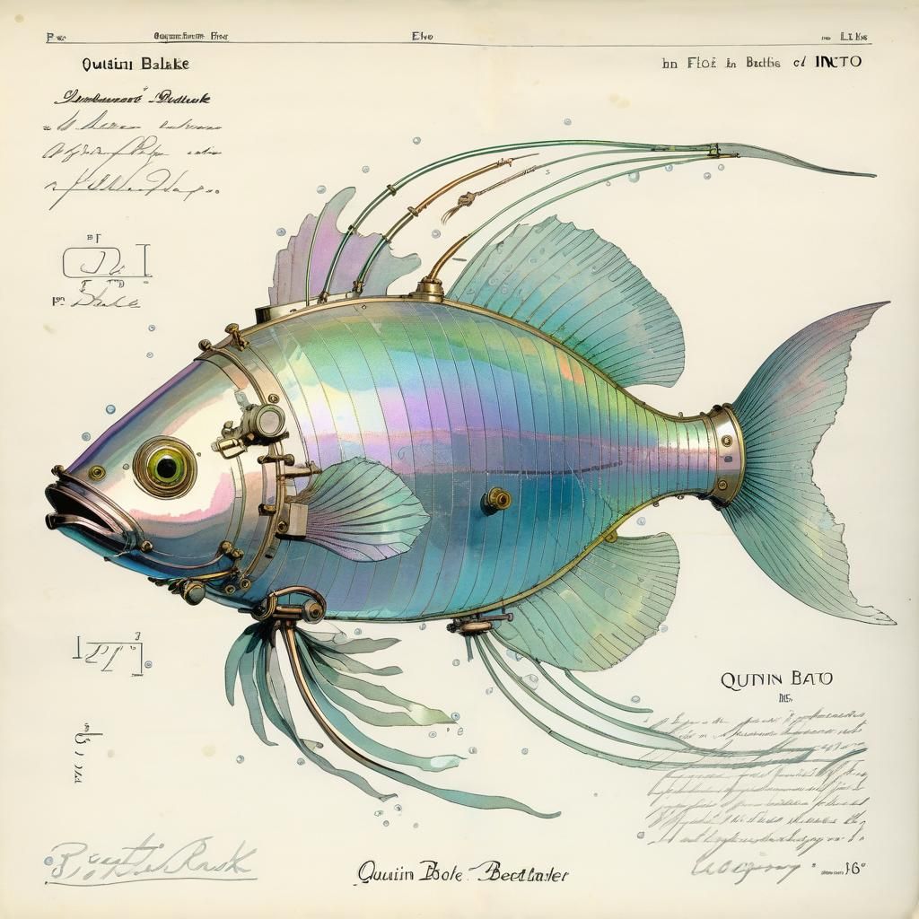 Steampunk scientific illustration, patent drawing of iridesc...