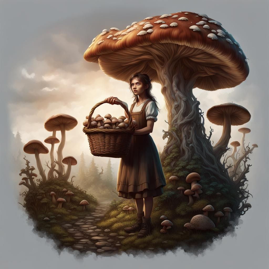 Girl with Mushroom Basket: Detailed Fantasy Art