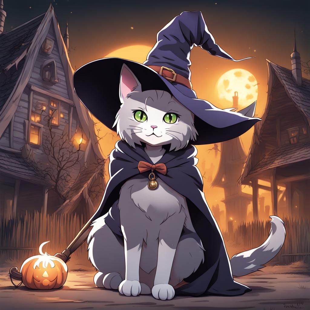 Cat Witch Near Haunted House in Anime Style