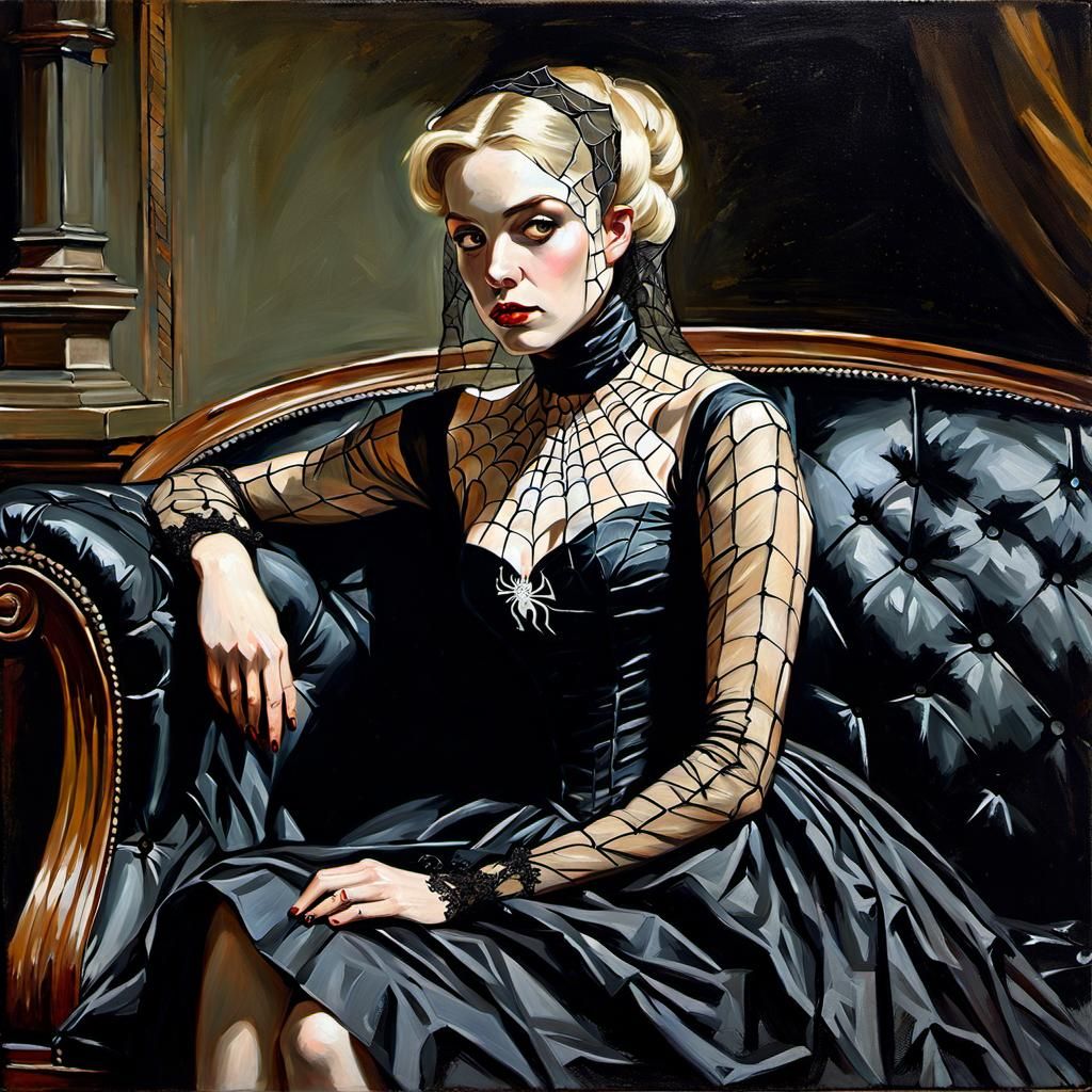 Regency Spider Girl on Chesterfield Sofa: Oil Painting