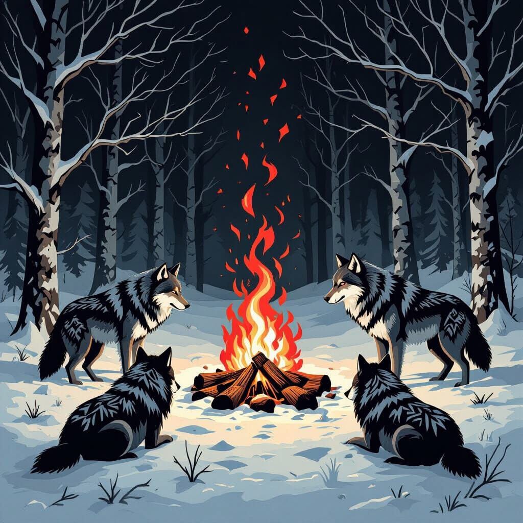 Wolves with Geometric Fur Around Bonfire in Snowy Forest