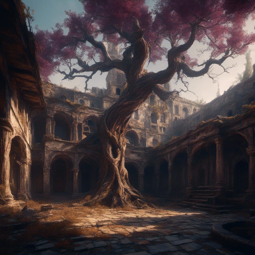 Macabre Medieval Courtyard with Twisted Pine, Fantasy Illust...