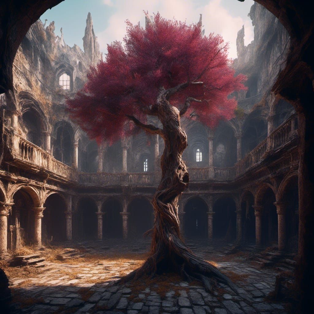 Macabre Medieval Courtyard Illustration in Dark Fantasy Styl...