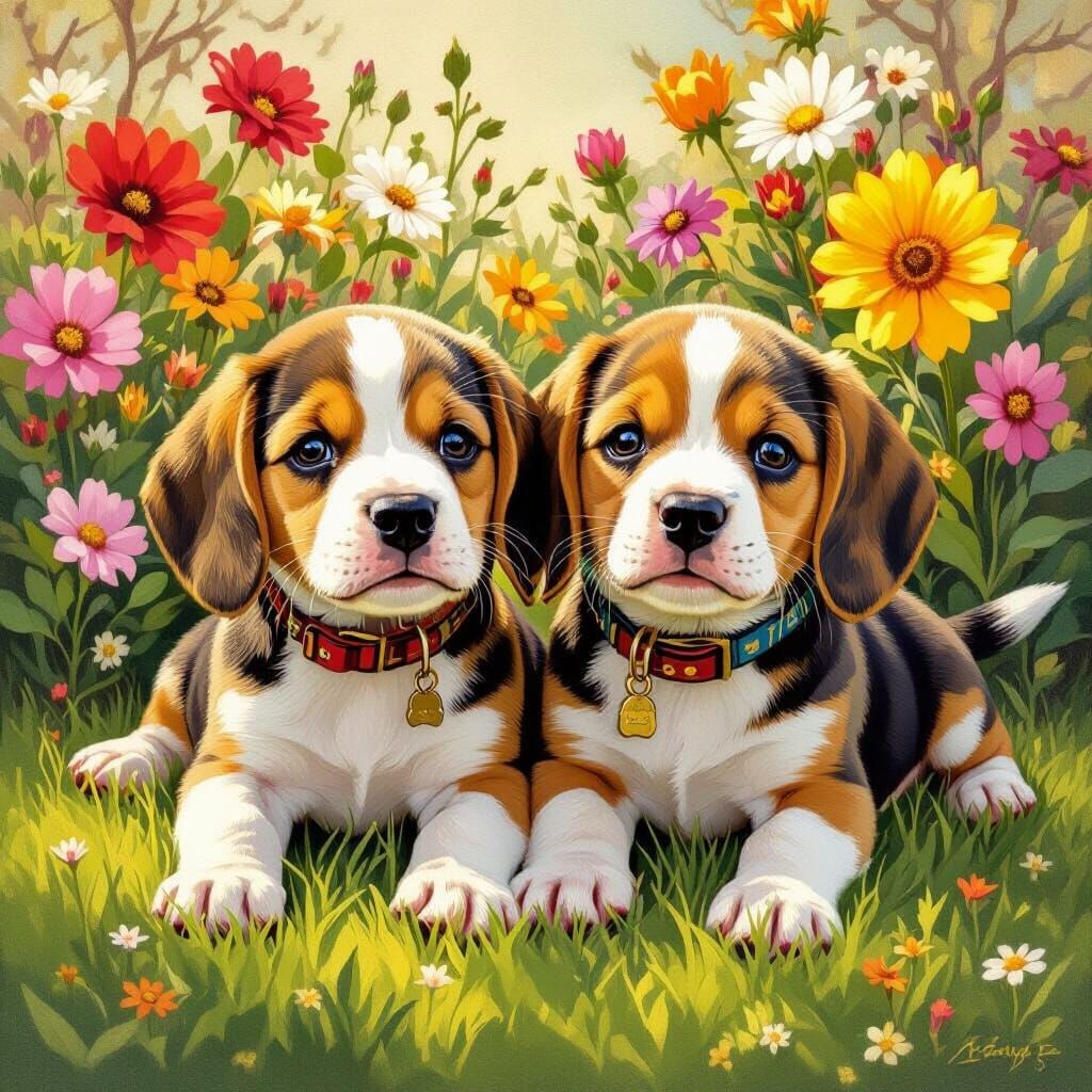 Adorable Beagle Puppies in a Lush Spring Garden