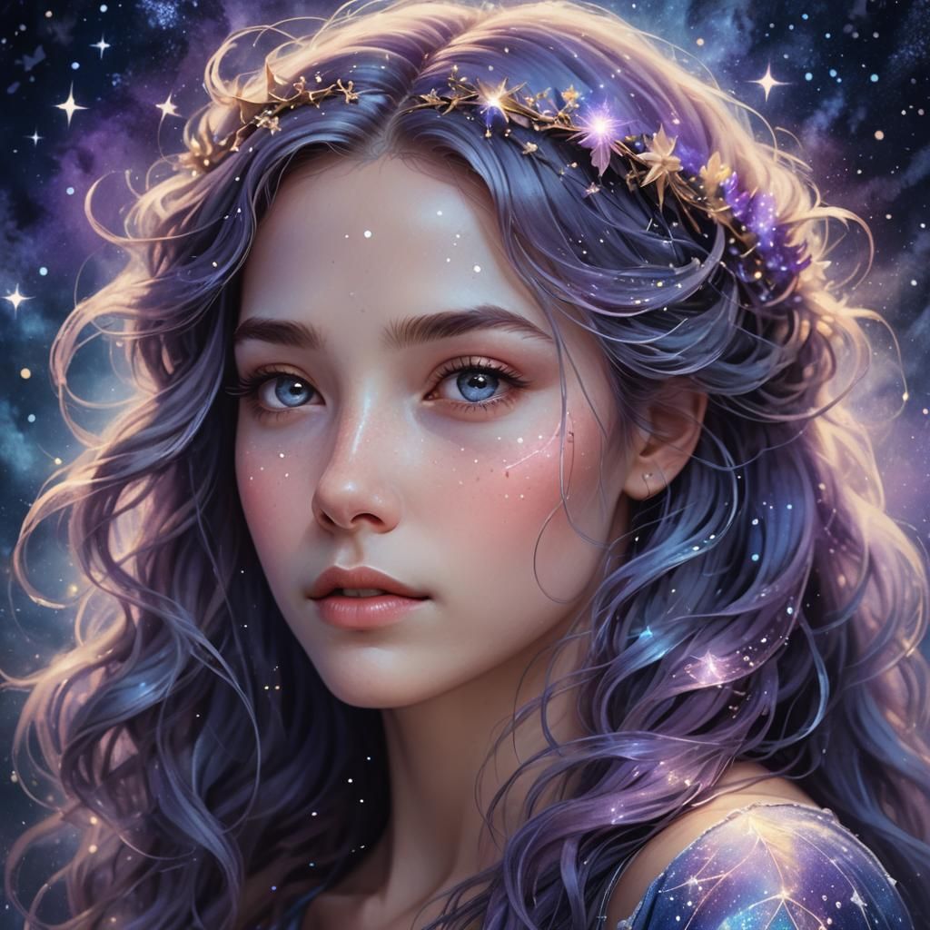 Dreamy Woman Portrait with Stars in Hair