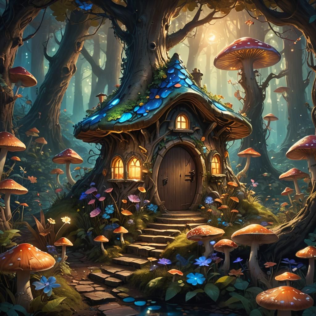 Fairy Enters Mushroom House in Bioluminescent Forest