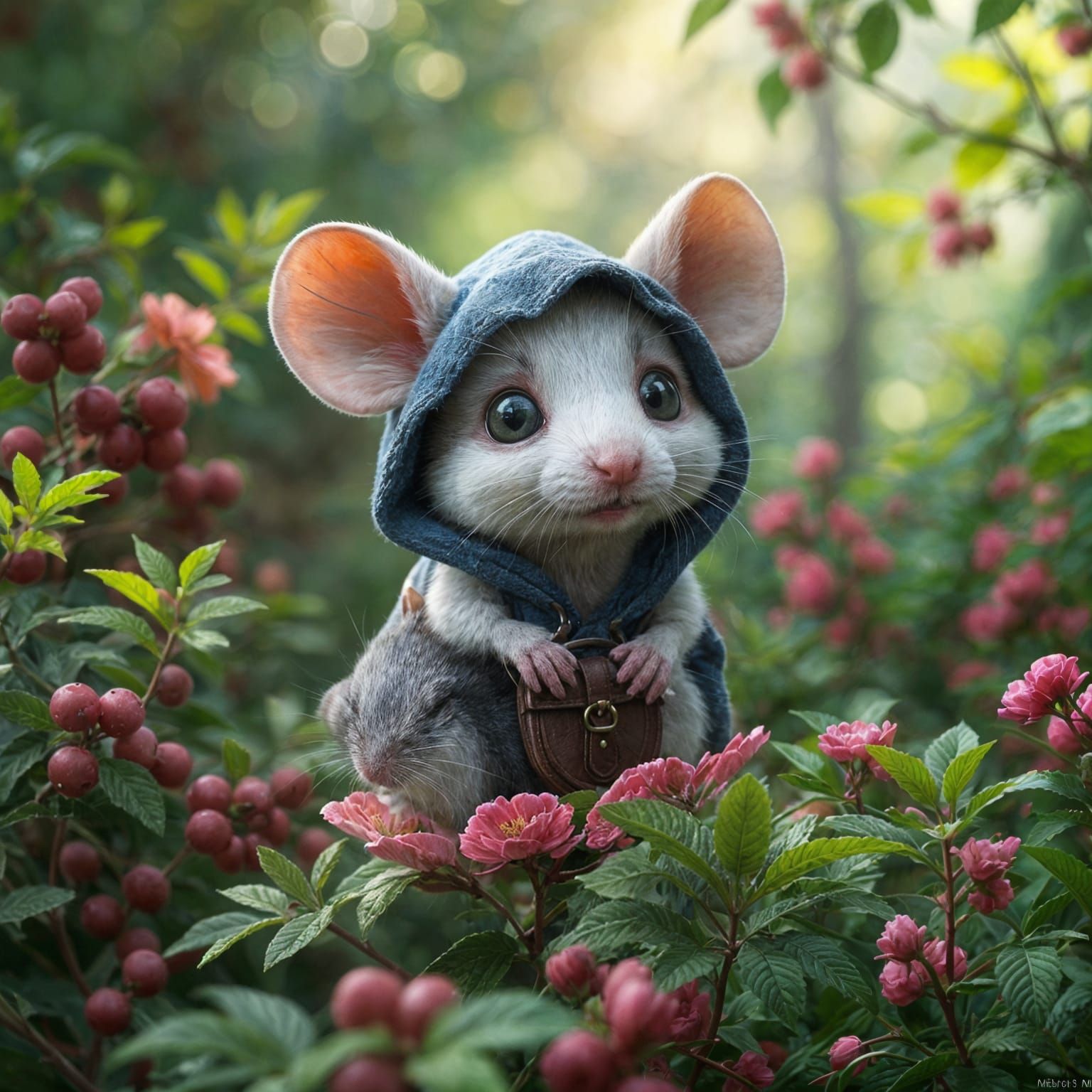 Mouse on Cherry Blossom in Enchanting Forest