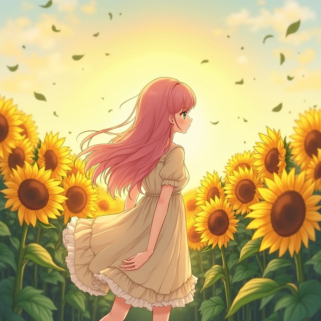 Anime Girl in Sunflower Field: Watercolor Style