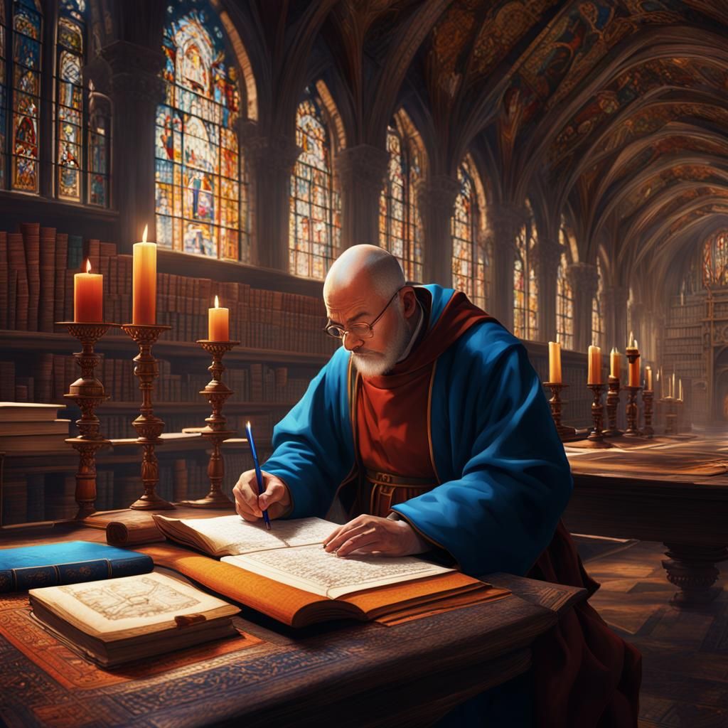 Monk Scribing Manuscript with Ink Illustrations