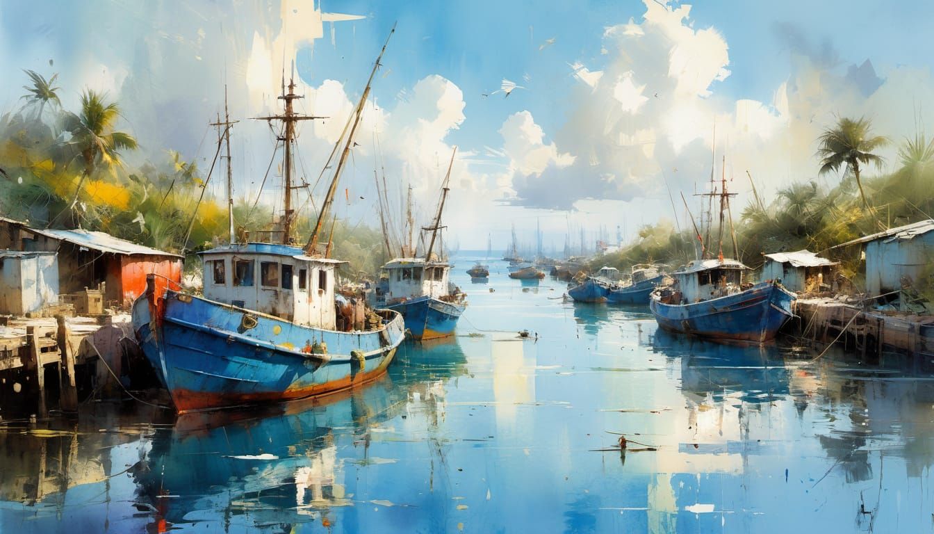 Watercolor Painting of Jungle Harbor with Fishing Boats