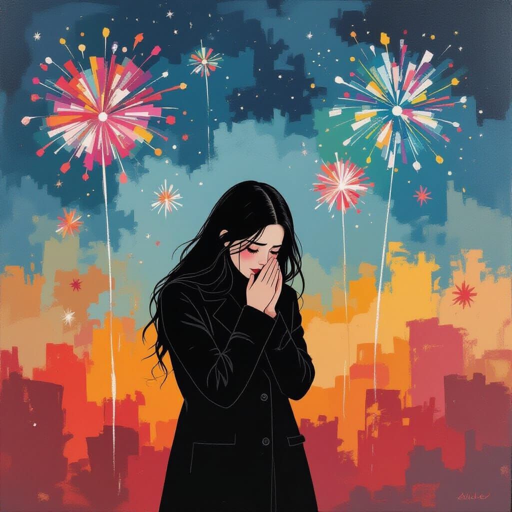 Mourning Woman with Fireworks, in Abstract Expressionist Sty...
