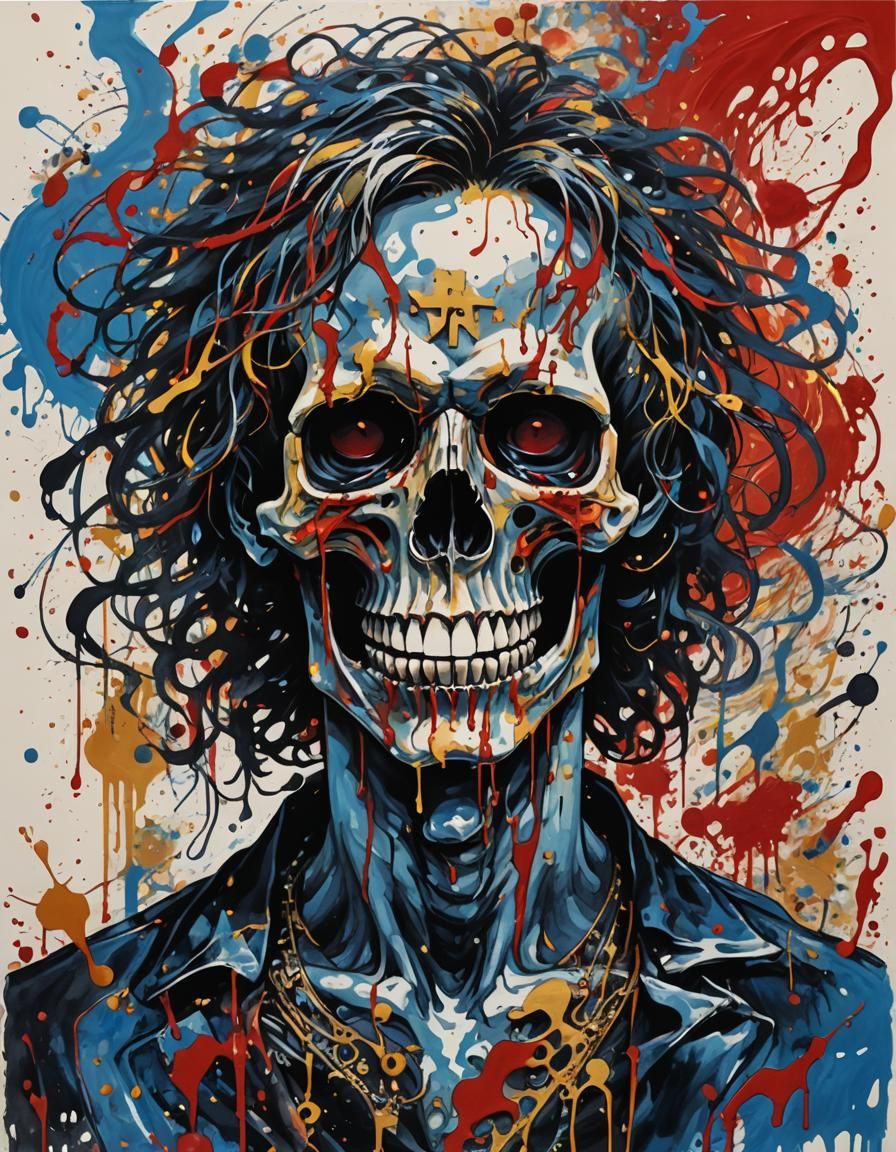 Skull Rockstar in Ink Painting Style