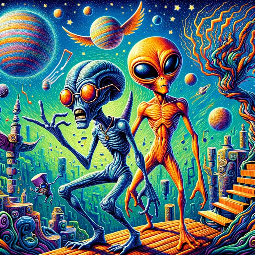 Funky Alien Duo on a Vibrant Post-Impressionistic Planet