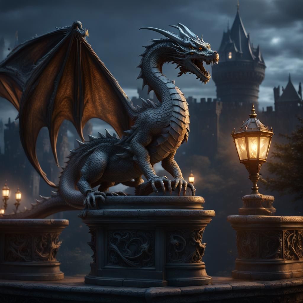 Grey Dragon Statue at Castle Gate: Fantasy Art