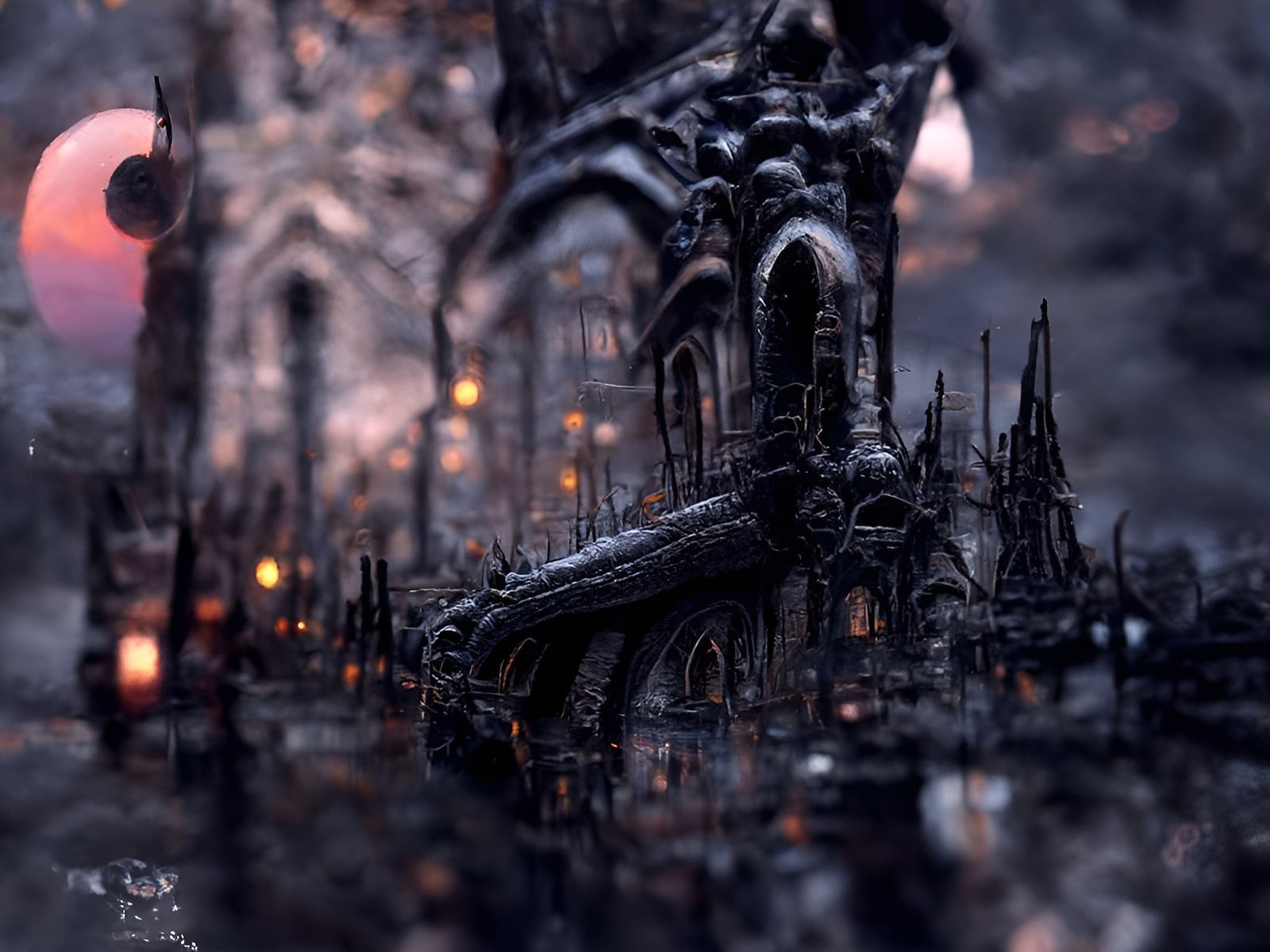 Dusk Over Old Gothic Town in Hyperrealism Style