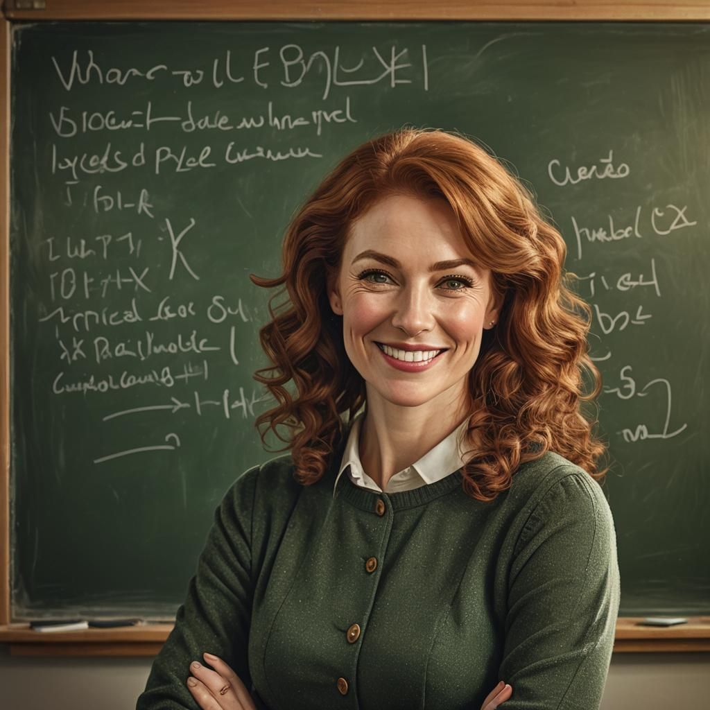 Kind Teacher Portrait in Cozy Classroom: Digital Art