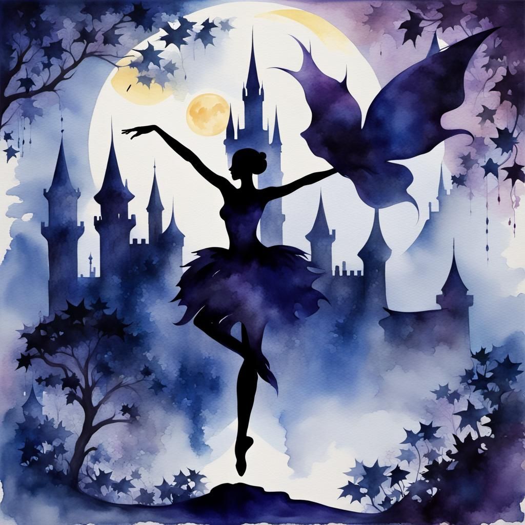 Silhouette Dancer in Moonlit Forest: Watercolor Art