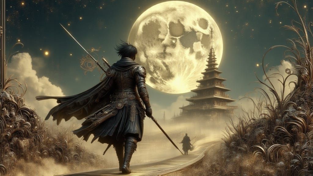 Samurai Warrior in Art Nouveau Punk Landscape