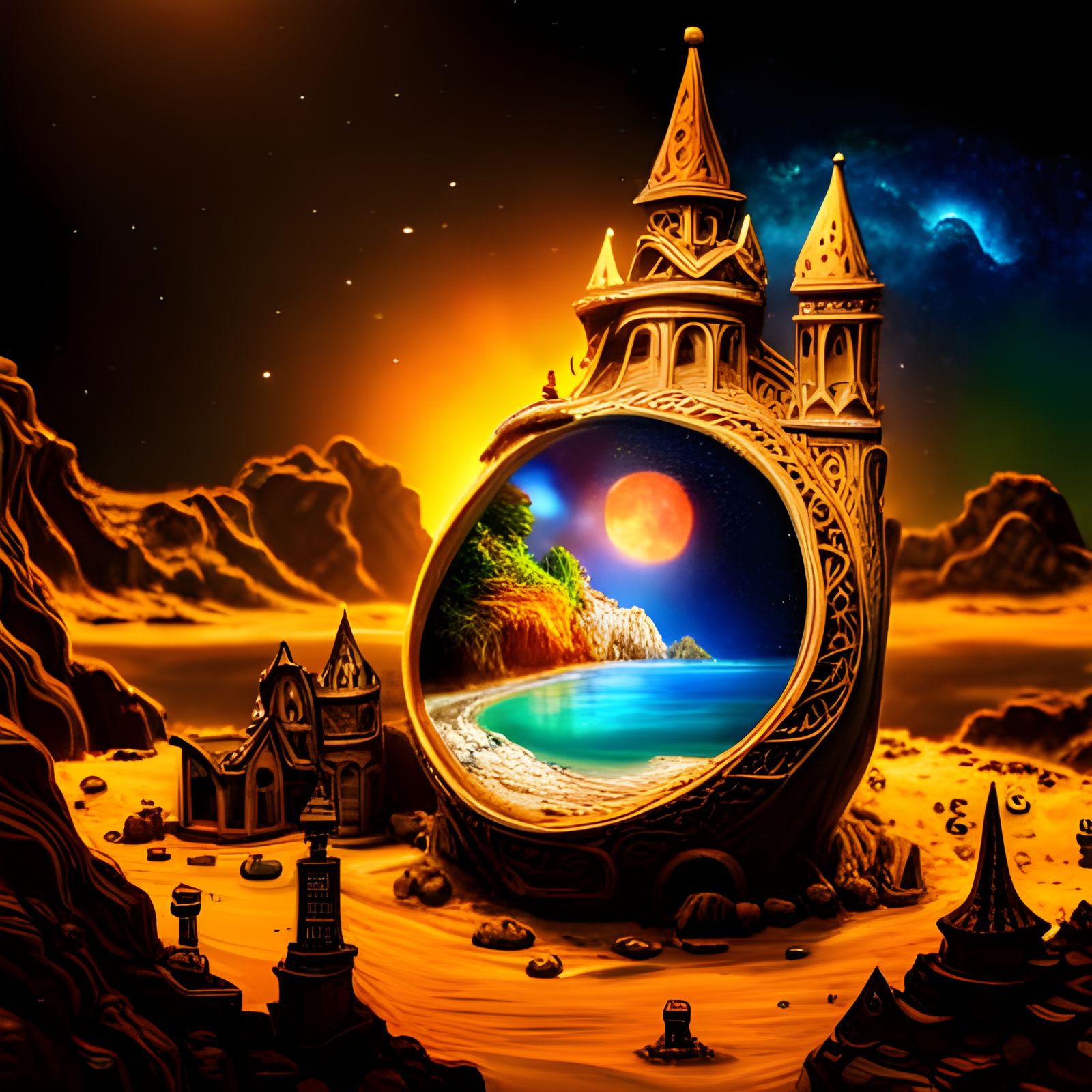 Enchanted Sandcastle in a Bottle Under Starry Sky