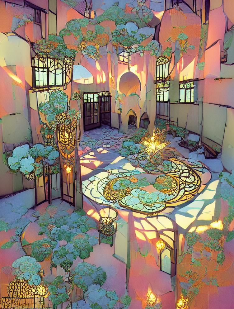 Ornate Art Nouveau Courtyard in Pastel Sunset Colors