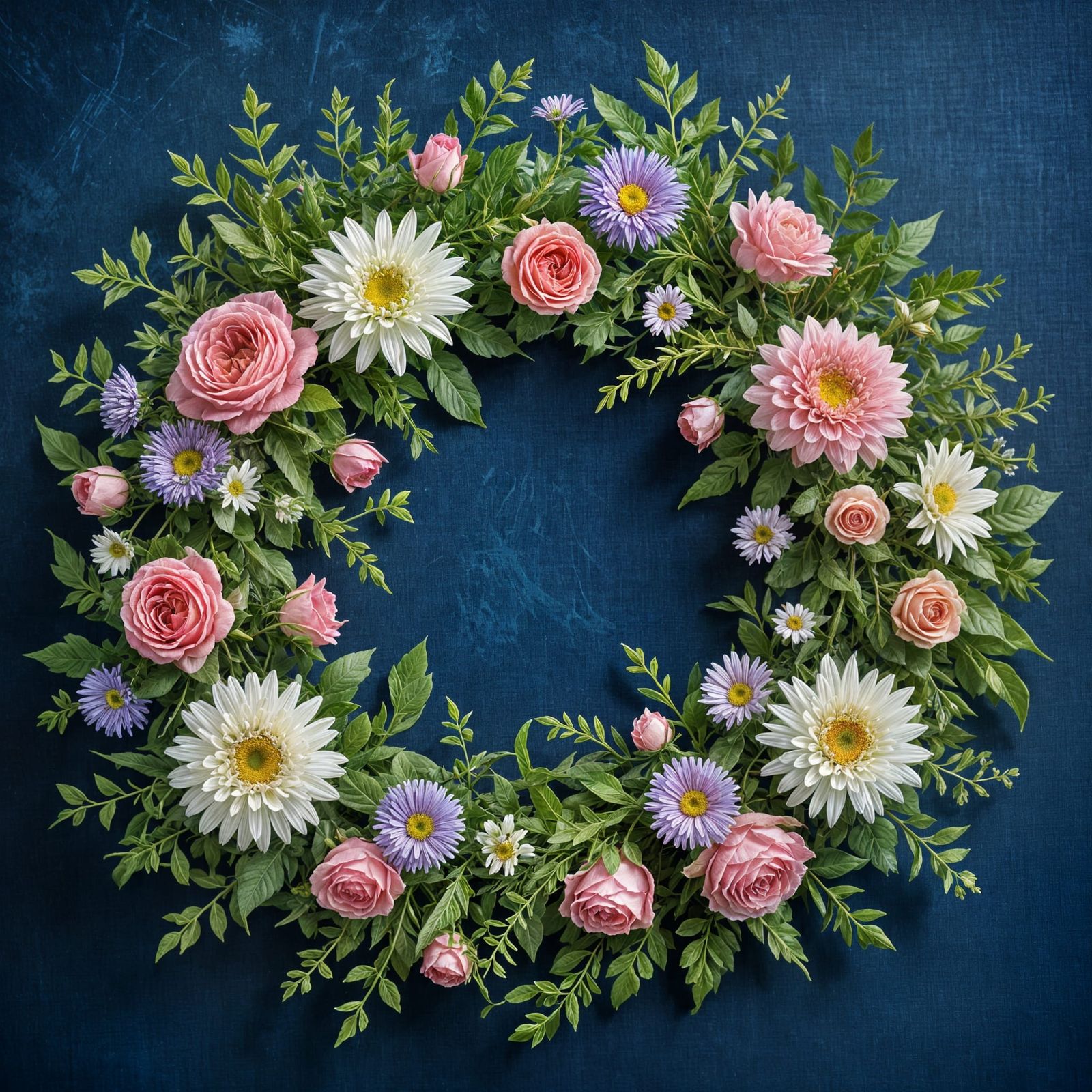 Impressionist Floral Wreath on Soft Blue Fabric
