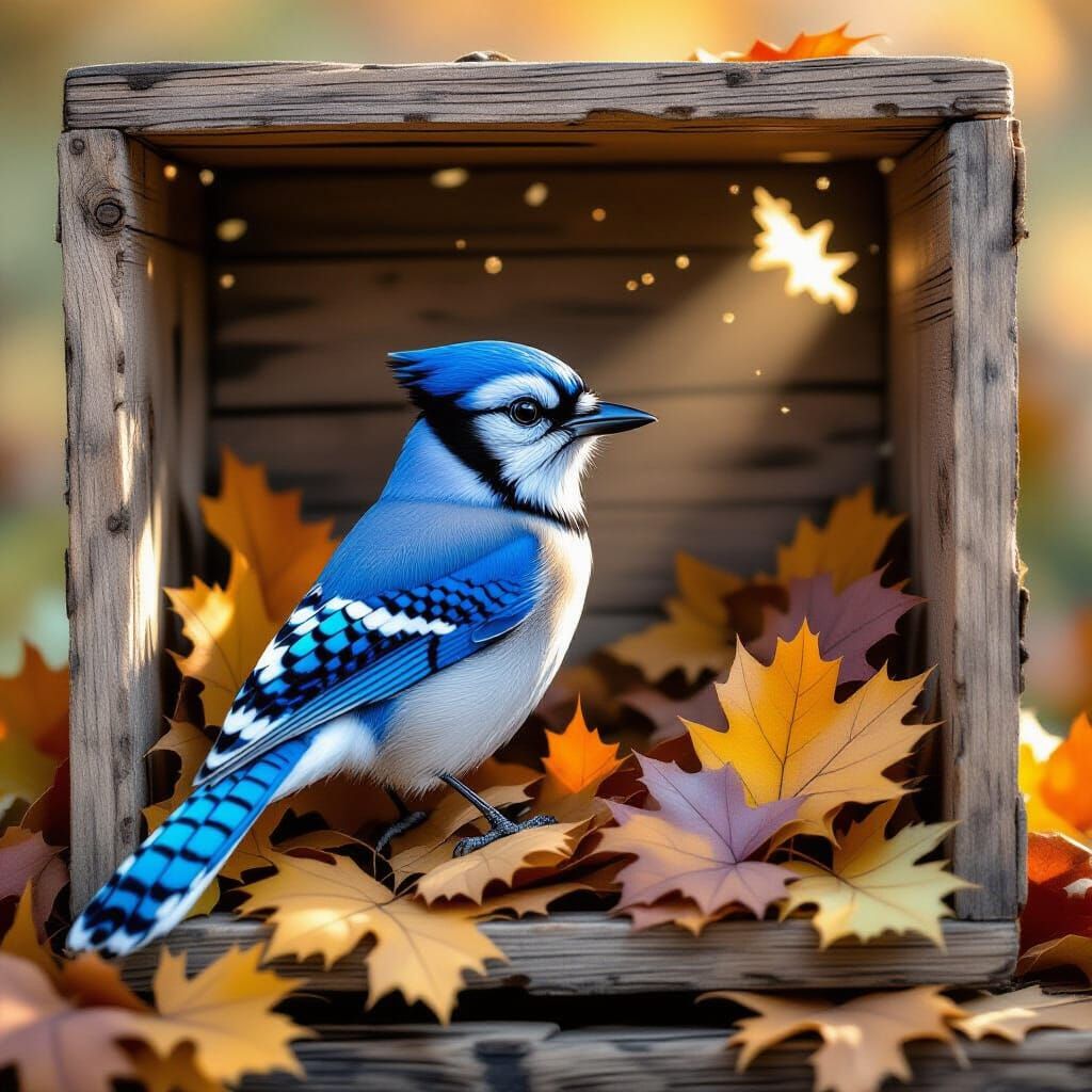 Blue Jay in Autumn Box - Painterly Whimsy