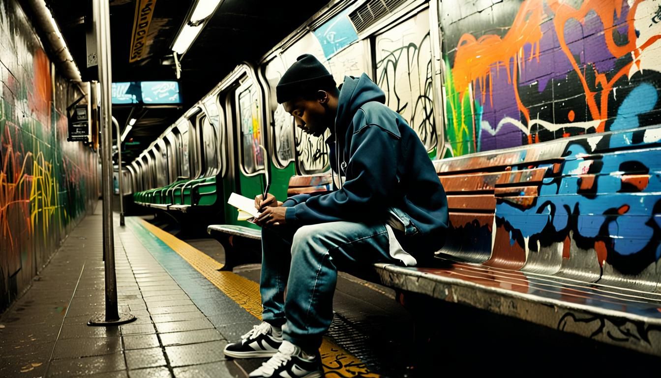 Poet Writing Graffiti in Subway: Abstract Expressionism