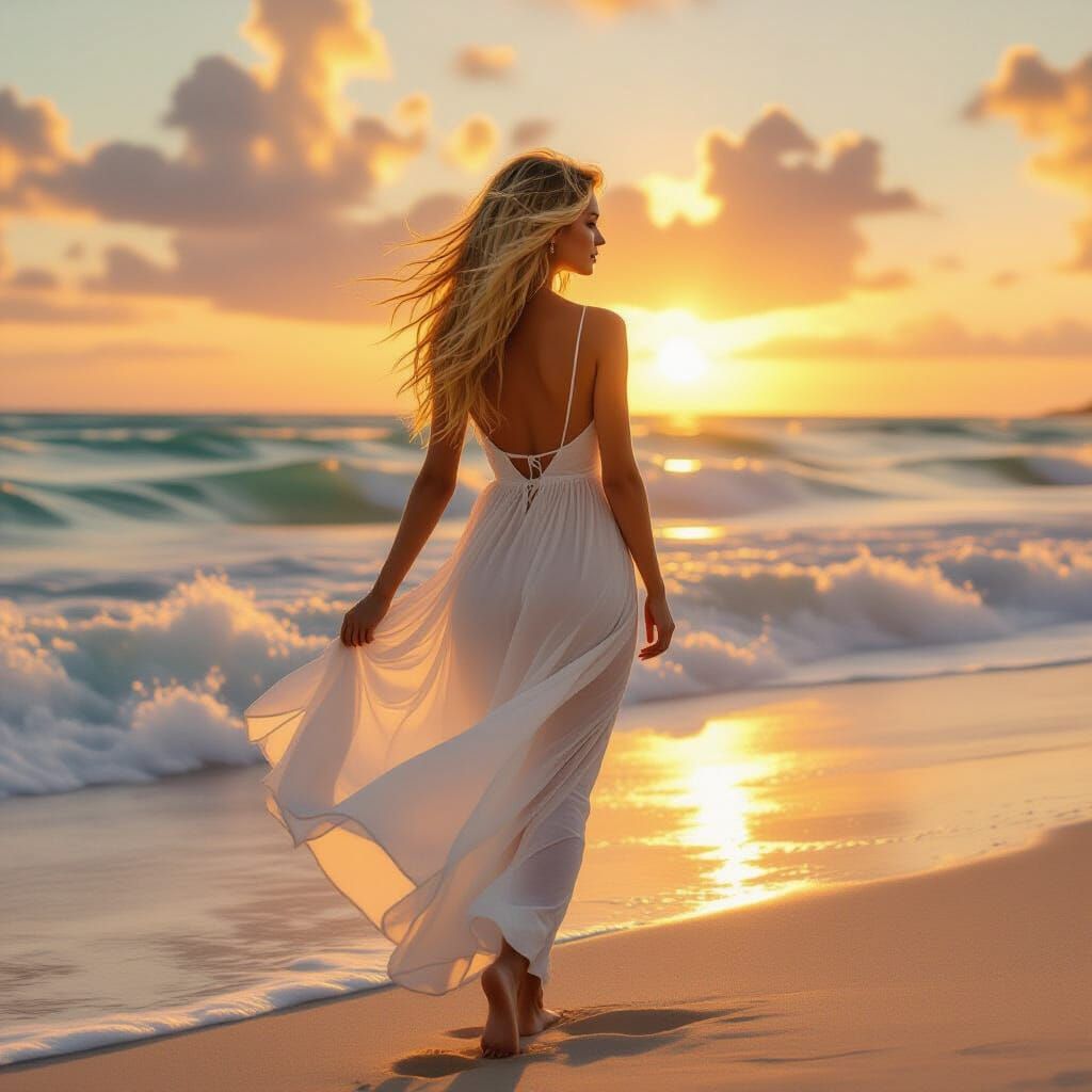 Girl on Tropical Beach at Sunset in Photorealistic Style