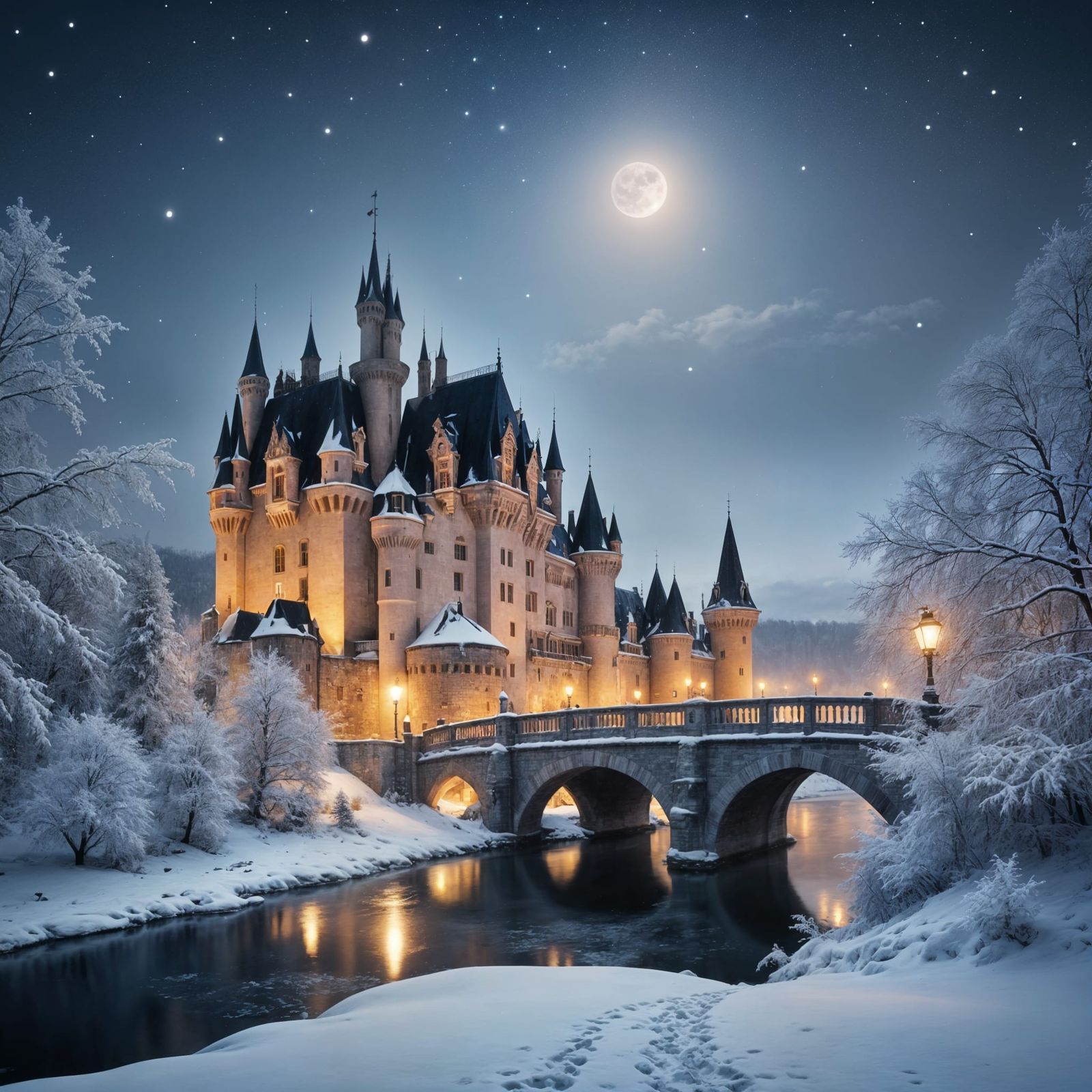 Gothic French Castle Under Snow in Enchanted Winter Wonderla...