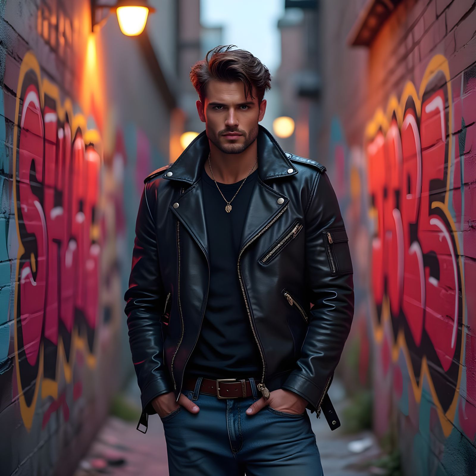 Greaser in Graffiti Alley: Hyperrealistic Cinematic Realism