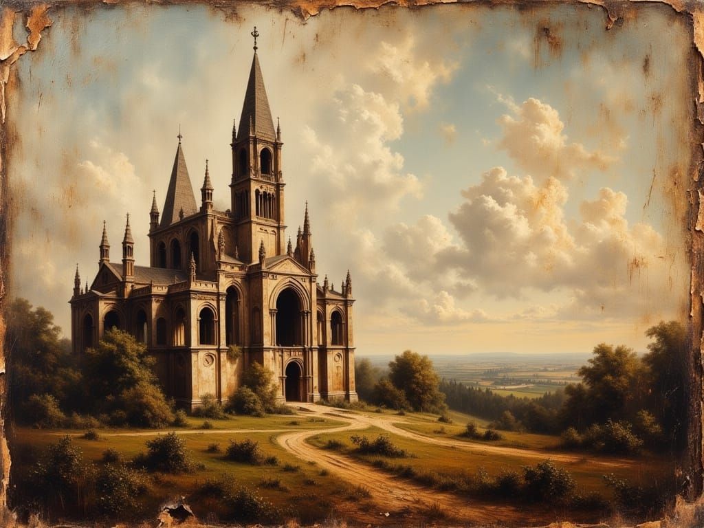 Gothic Church in Smokey Grunge Oil Painting Style