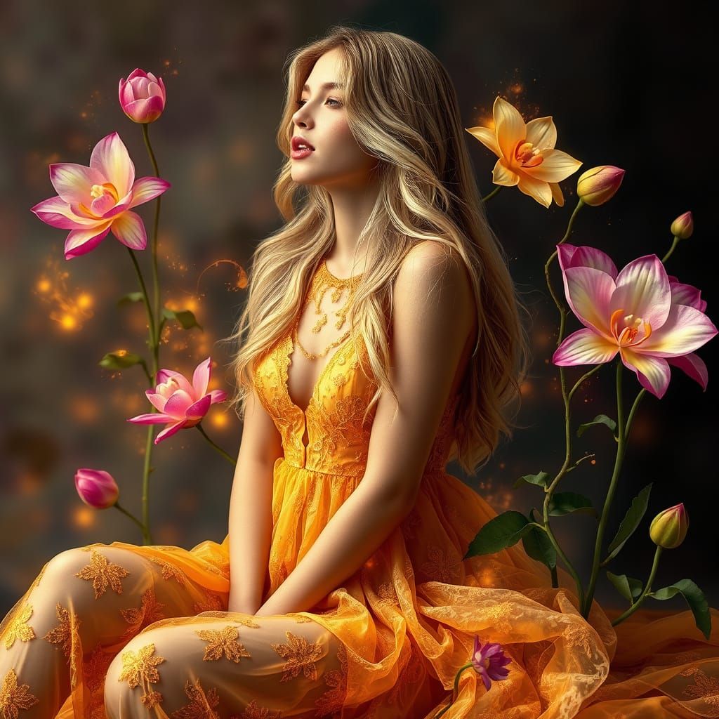 Blonde Woman in Gold Lace Dress: Hyperrealistic Editorial