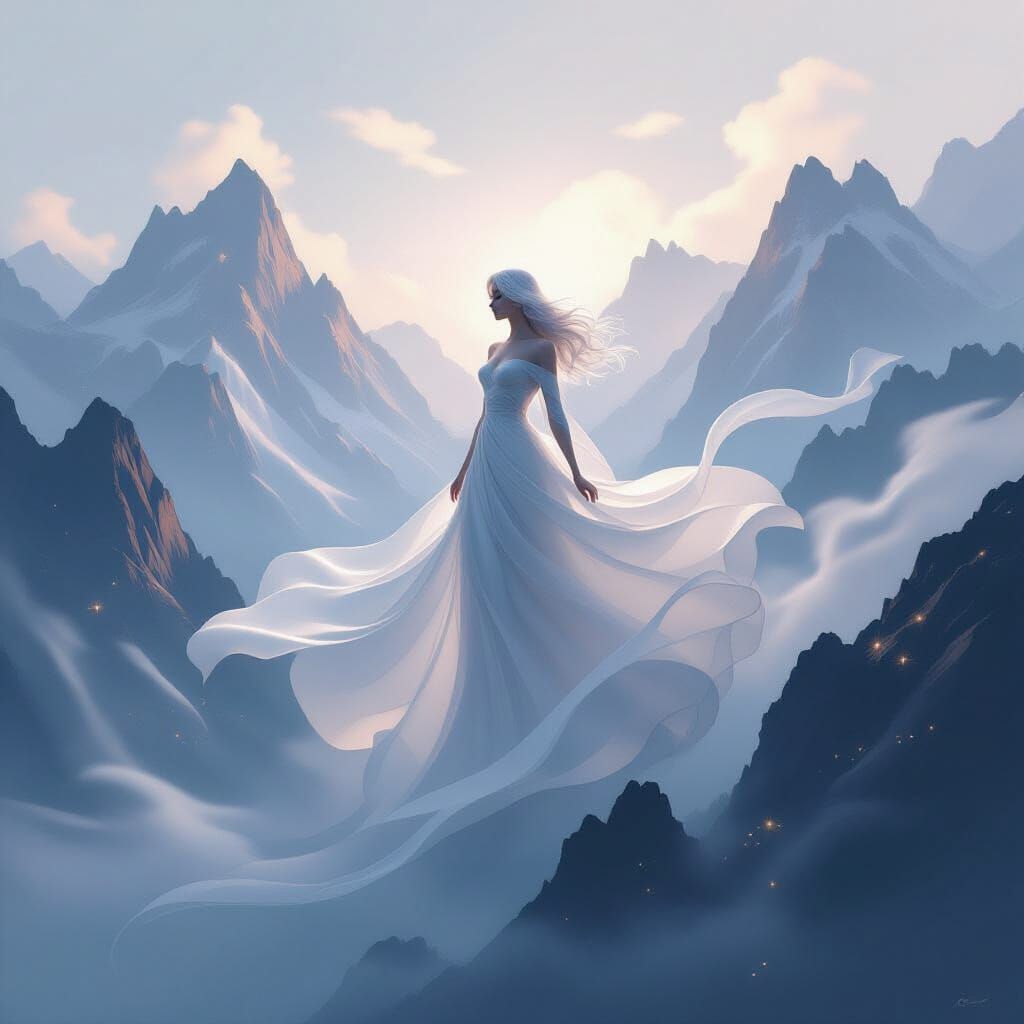 Ethereal Air Spirit Gliding Through Misty Mountains