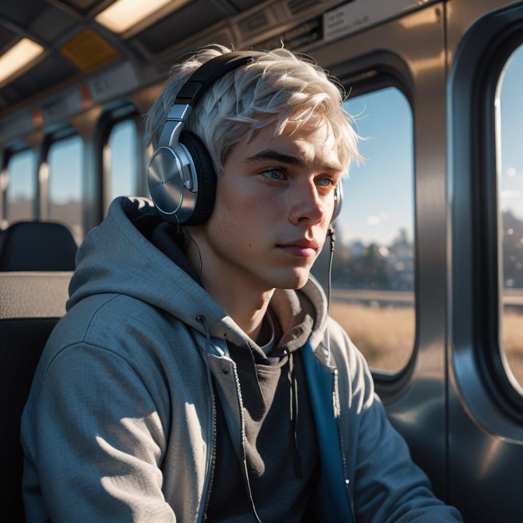 Young Boy with Silver Hair and Headphones on Train