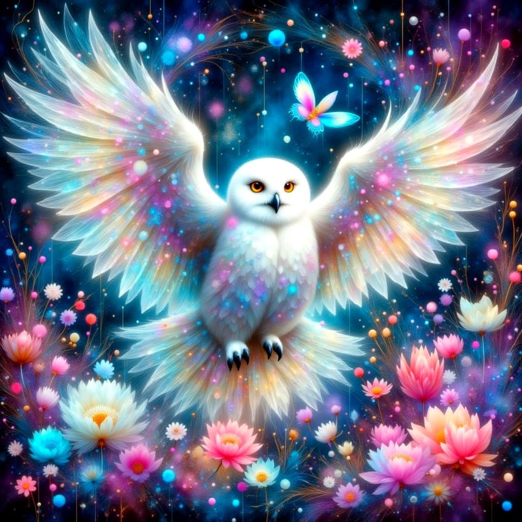 Neon Glass Snow Owl with Floral Halo