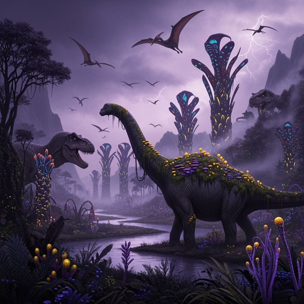 Jurassic Landscape with Colossal Animals in Dark Fantasy Sty...