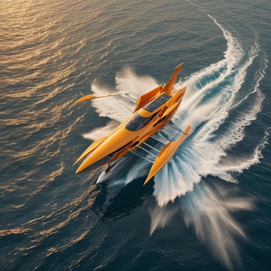 Sleek Hydrofoil Glides Above Ocean at Golden Hour