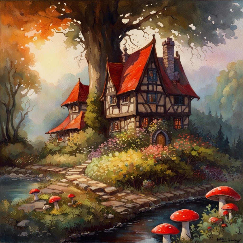 Fairytale Cottage by Dark Forest, Watercolor Painting