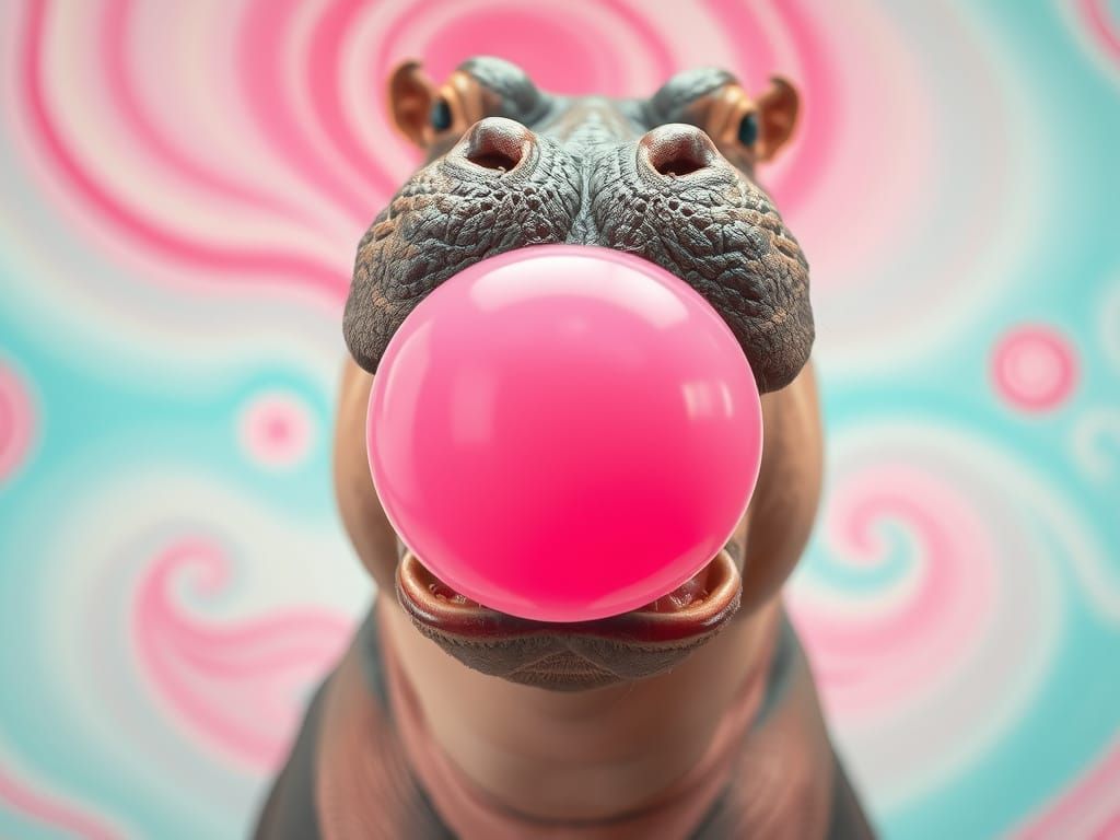 Surreal Hippopotamus Blows Giant Pink Bubblegum Bubble