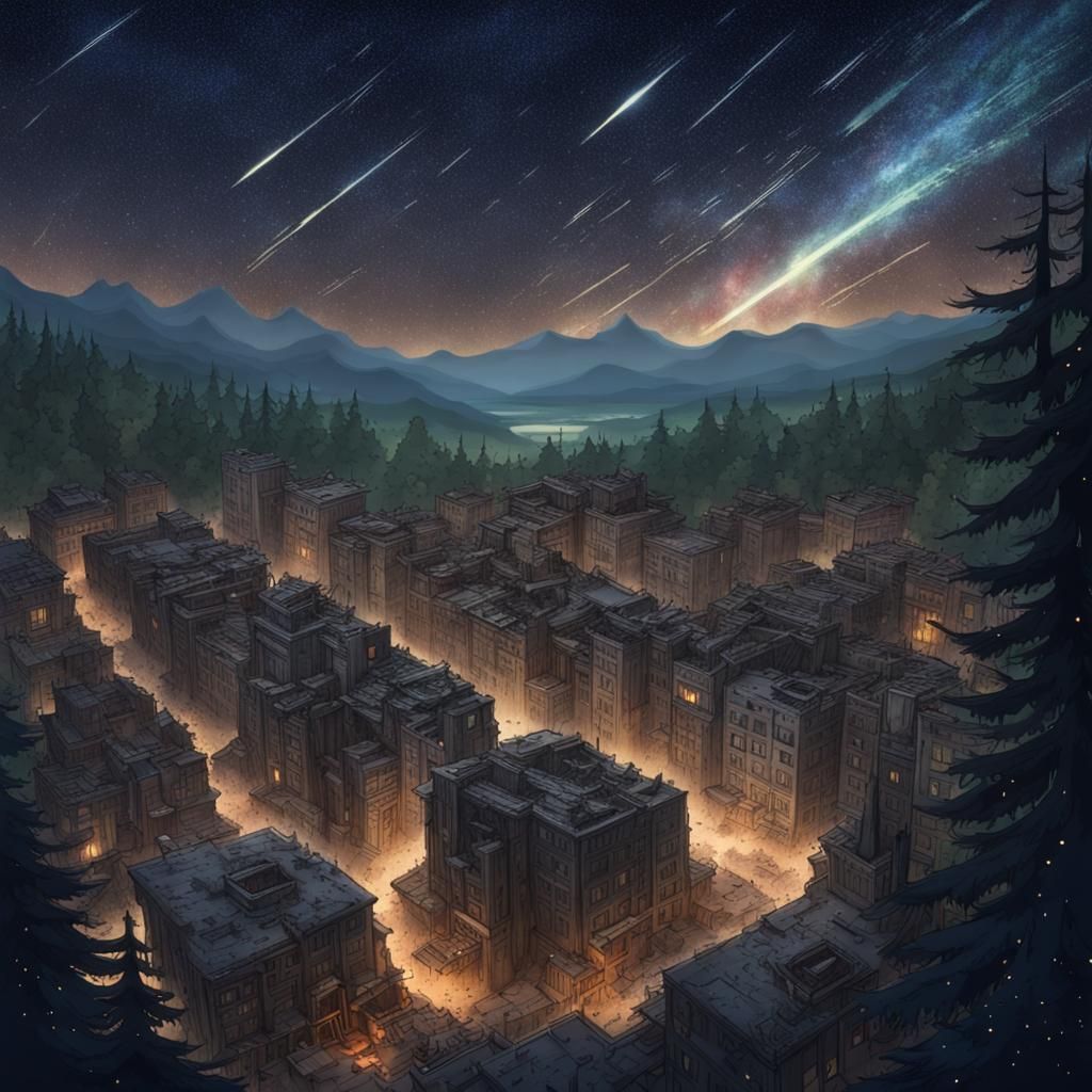 Ruined City Embraced by Forest Under Meteor Shower