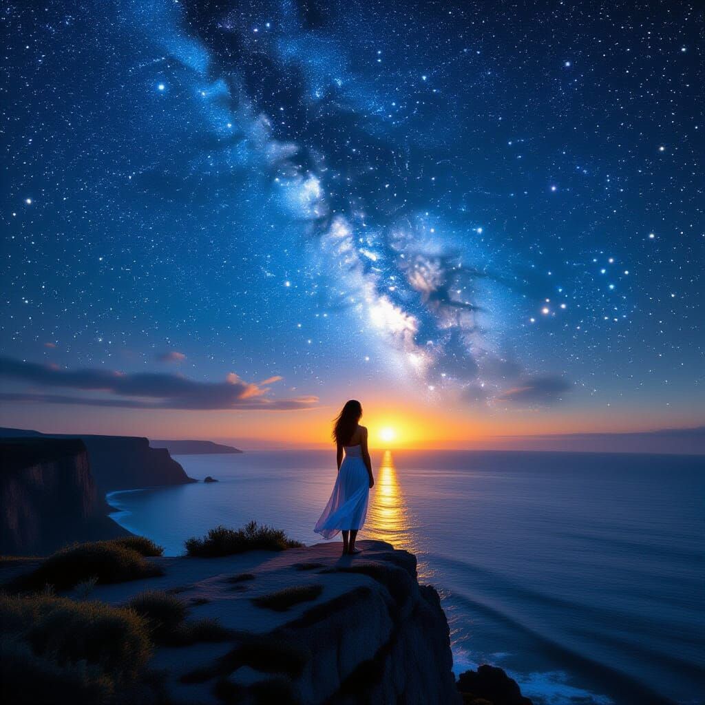 Woman Gazing at Starry Ocean Vista