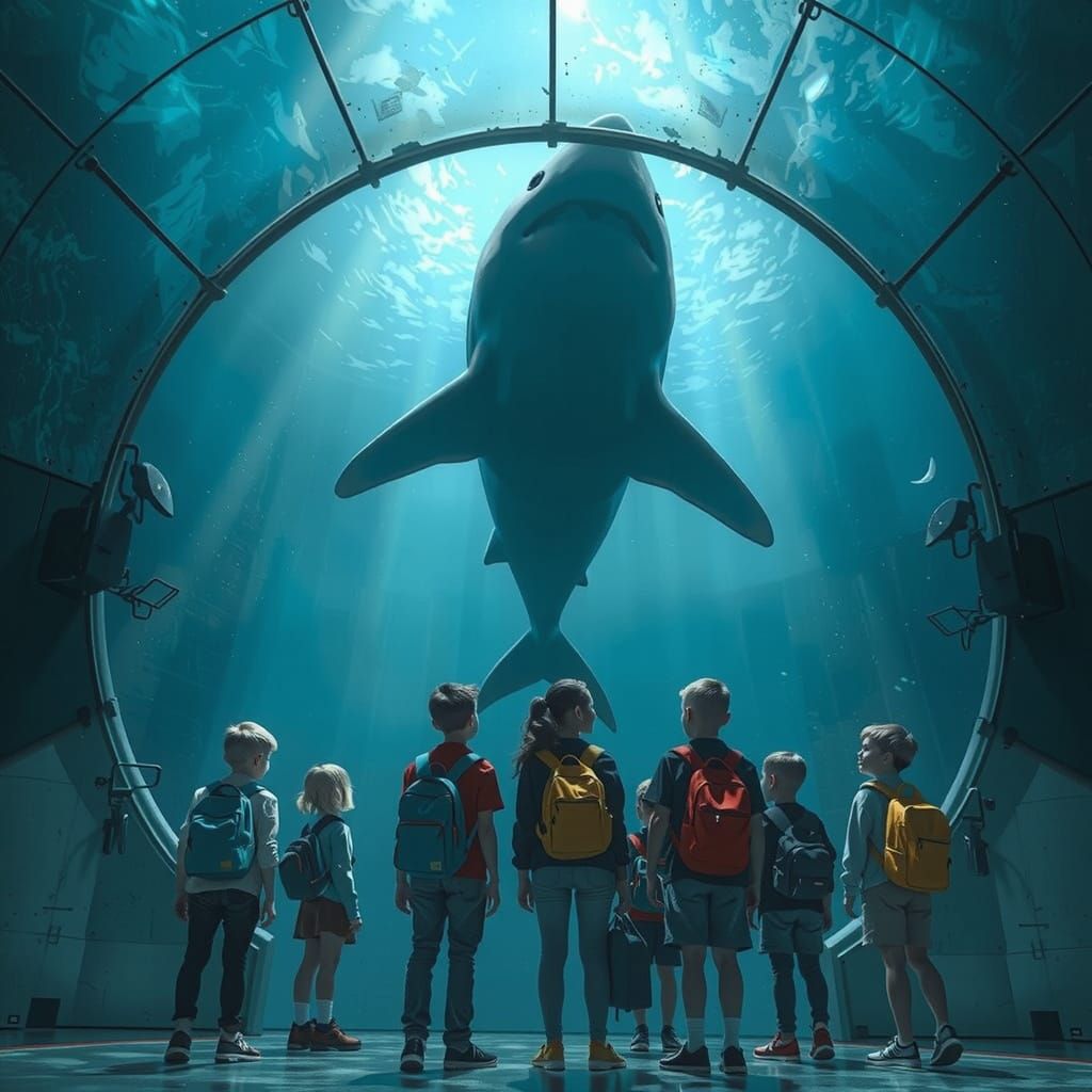 Children Gaze at Shark Through Glass Dome